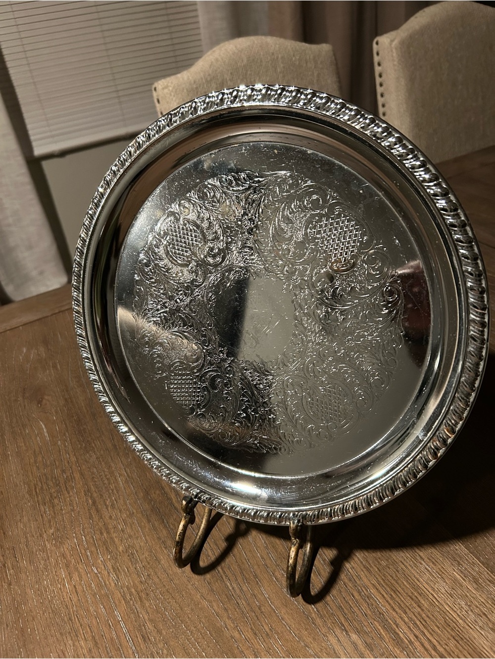 Antique Style Engraved Silverplate Round Drinks Platter with Gadroon Rim